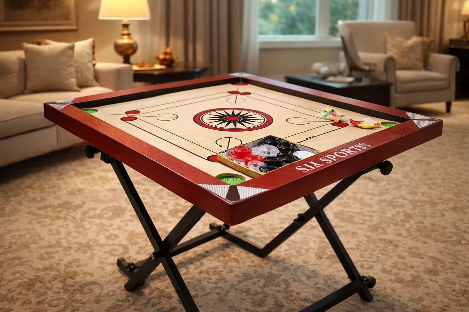 RED FRAME 20X20 INCH SMALL SIZE CARROM WITH 24 CRYSTAL CION , STRIKER. 5 cm Carrom Board-image-22