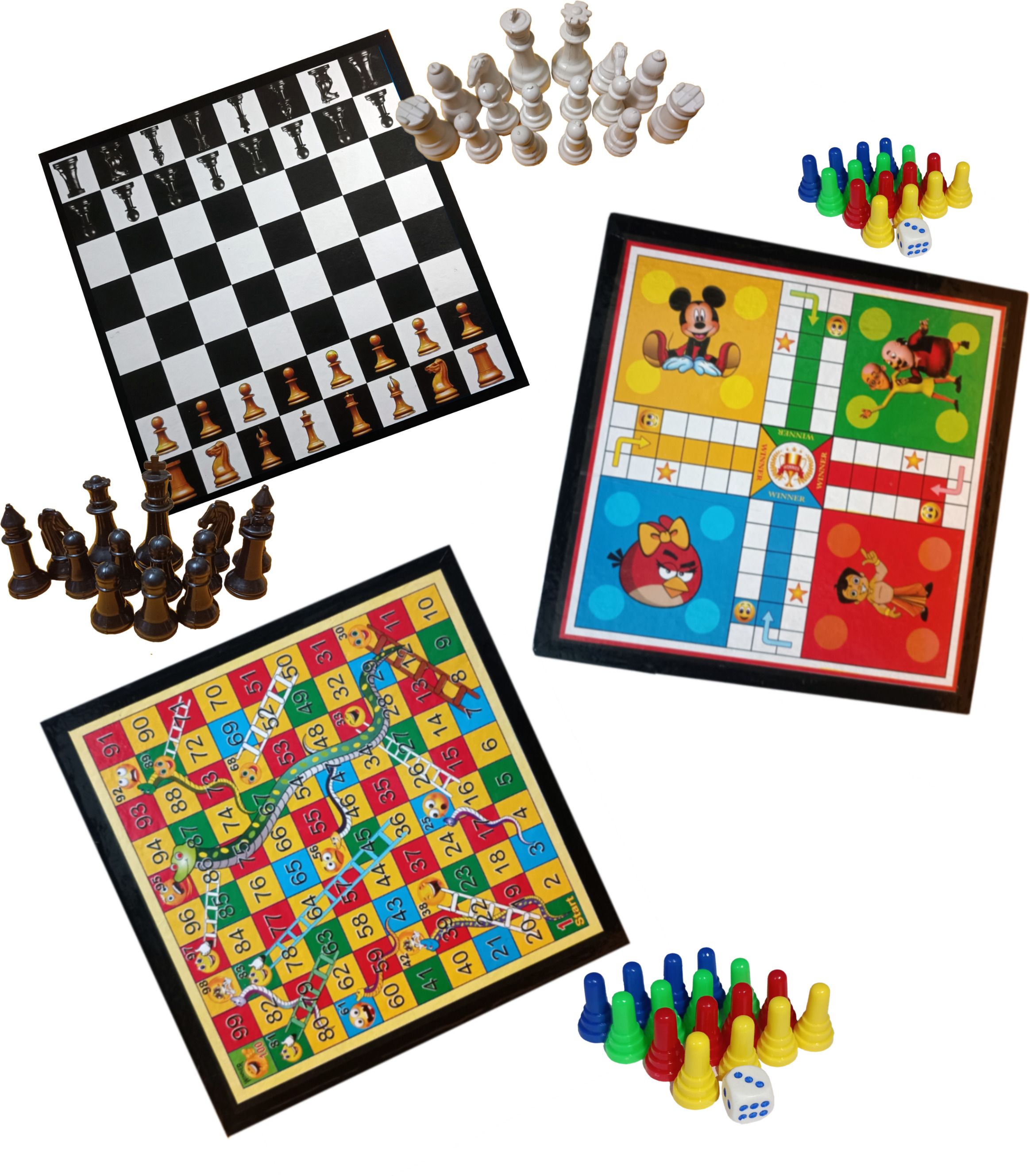 Wooden Chess Board, Ludo & Snake Board With 2 Set of Ludo & 1 Chessmen coins Set 30.48 cm Chess Board