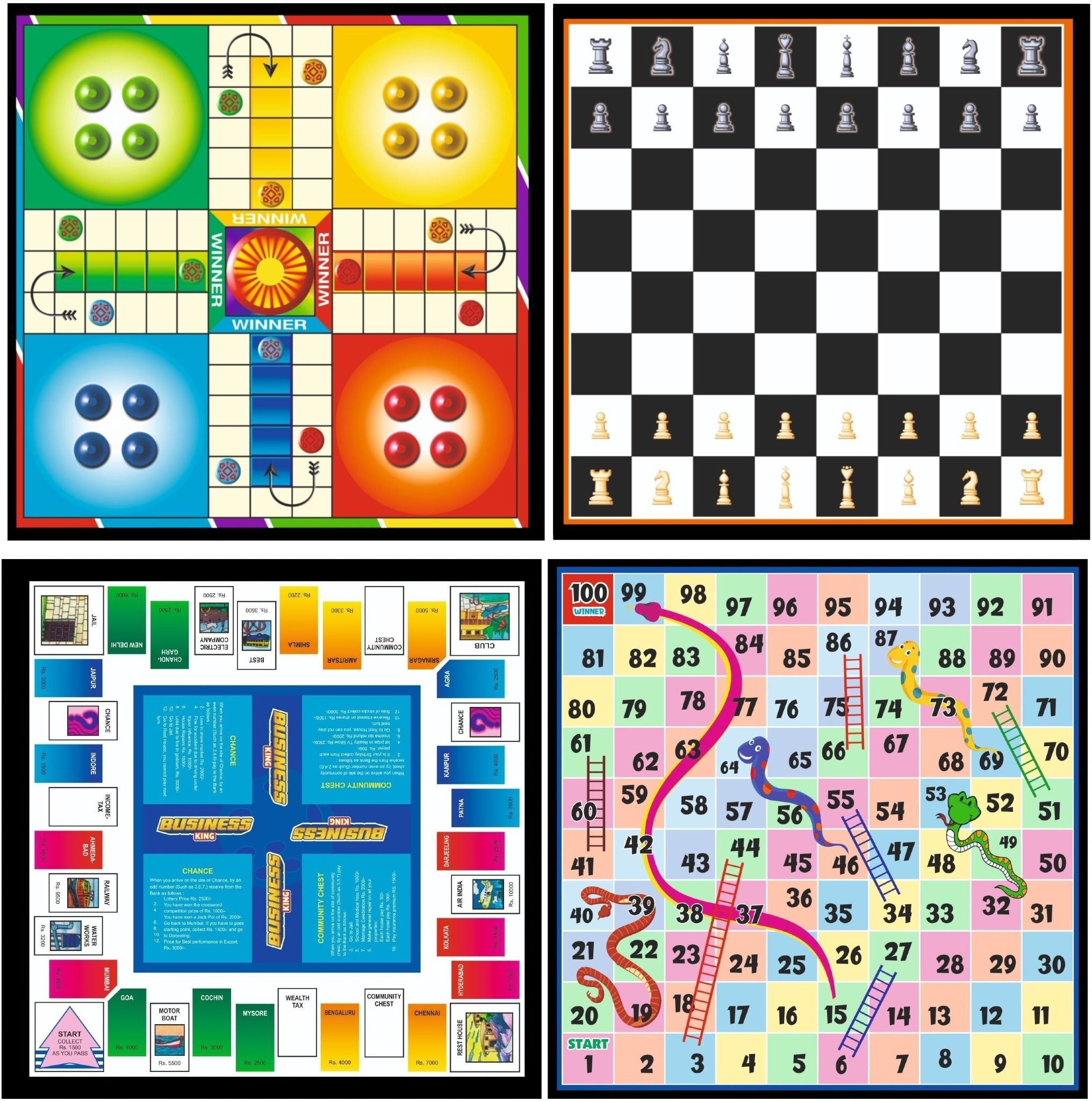 4 in 1 Wooden 12*12" Ludo Chess | Business Snake | Token Player Currency | 31 cm Chess Board