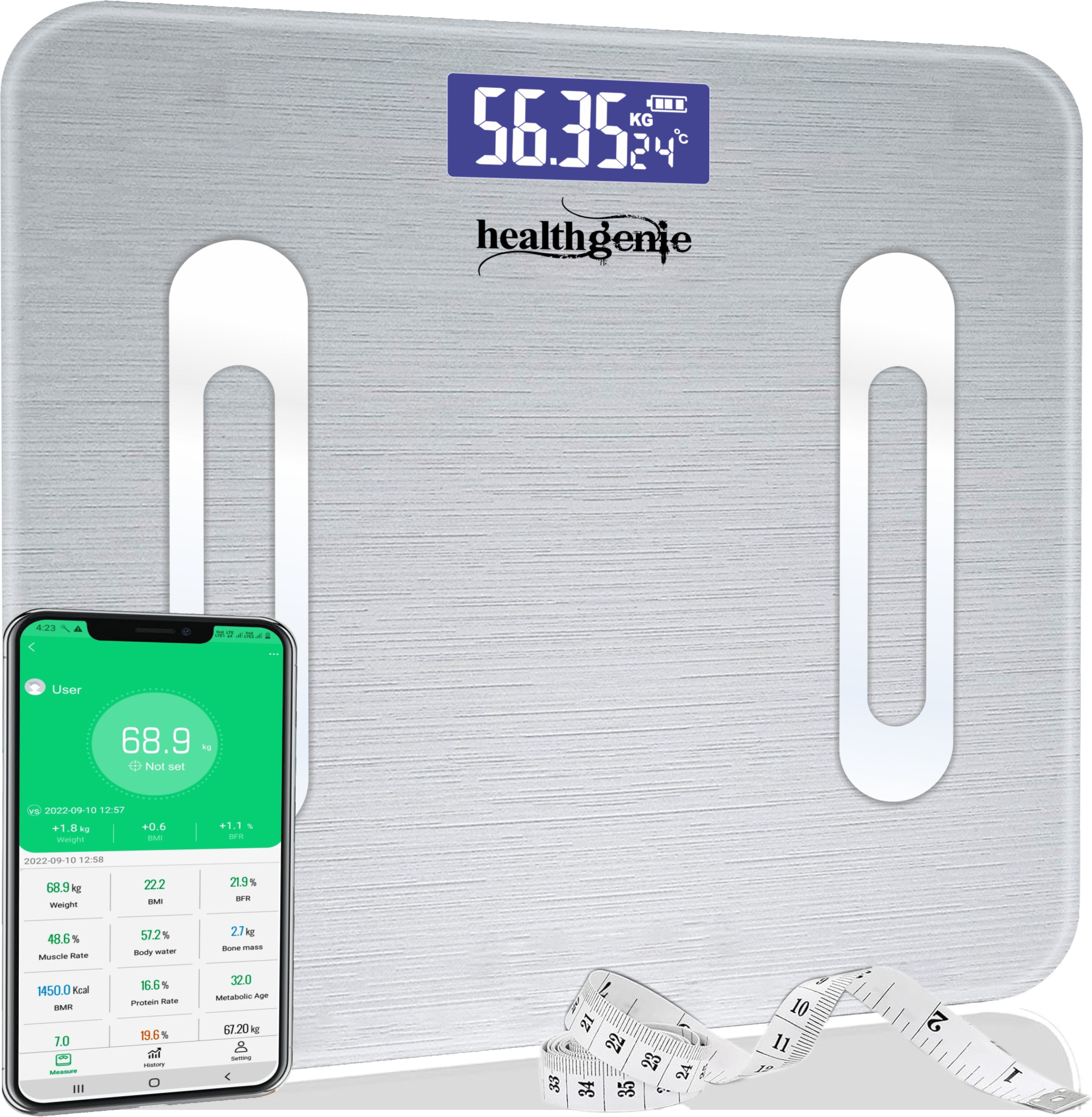 Healthgenie Advanced BMI Body Fat Analyzer 18 Body Metrics, 1YR Warranty, Free MeasuringTape Body Fat Analyzer