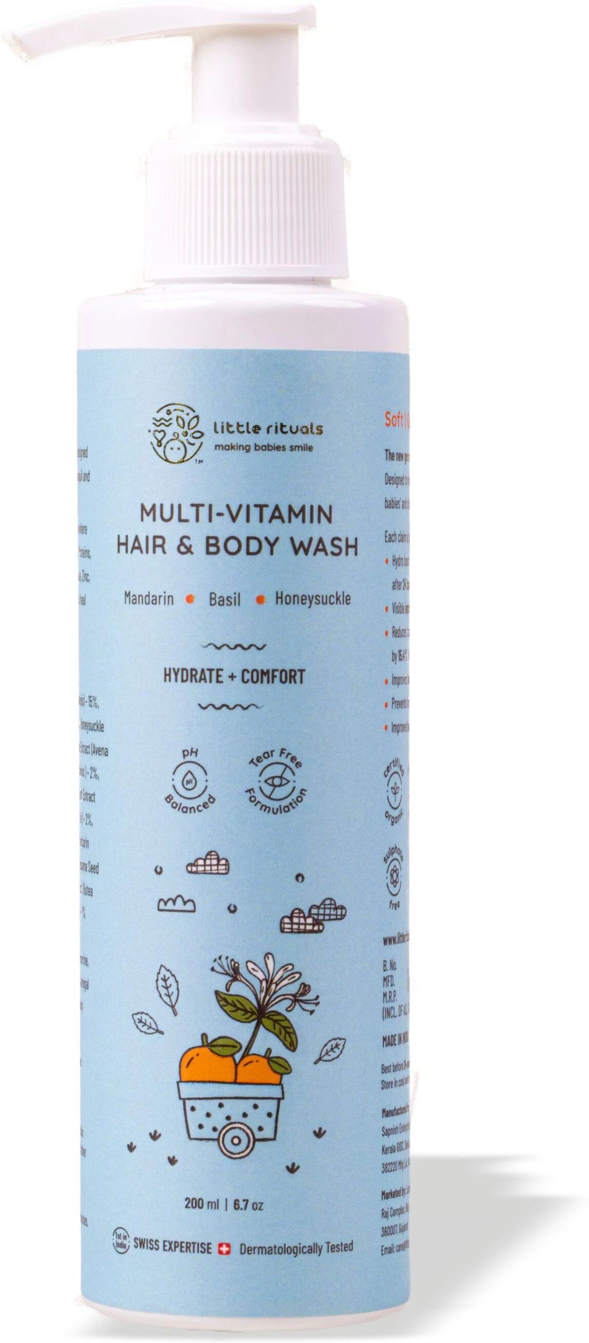 Multi-Vitamin Body & Hair Wash, pH 5.5. Honeysuckle, basil, mandarin. Organic