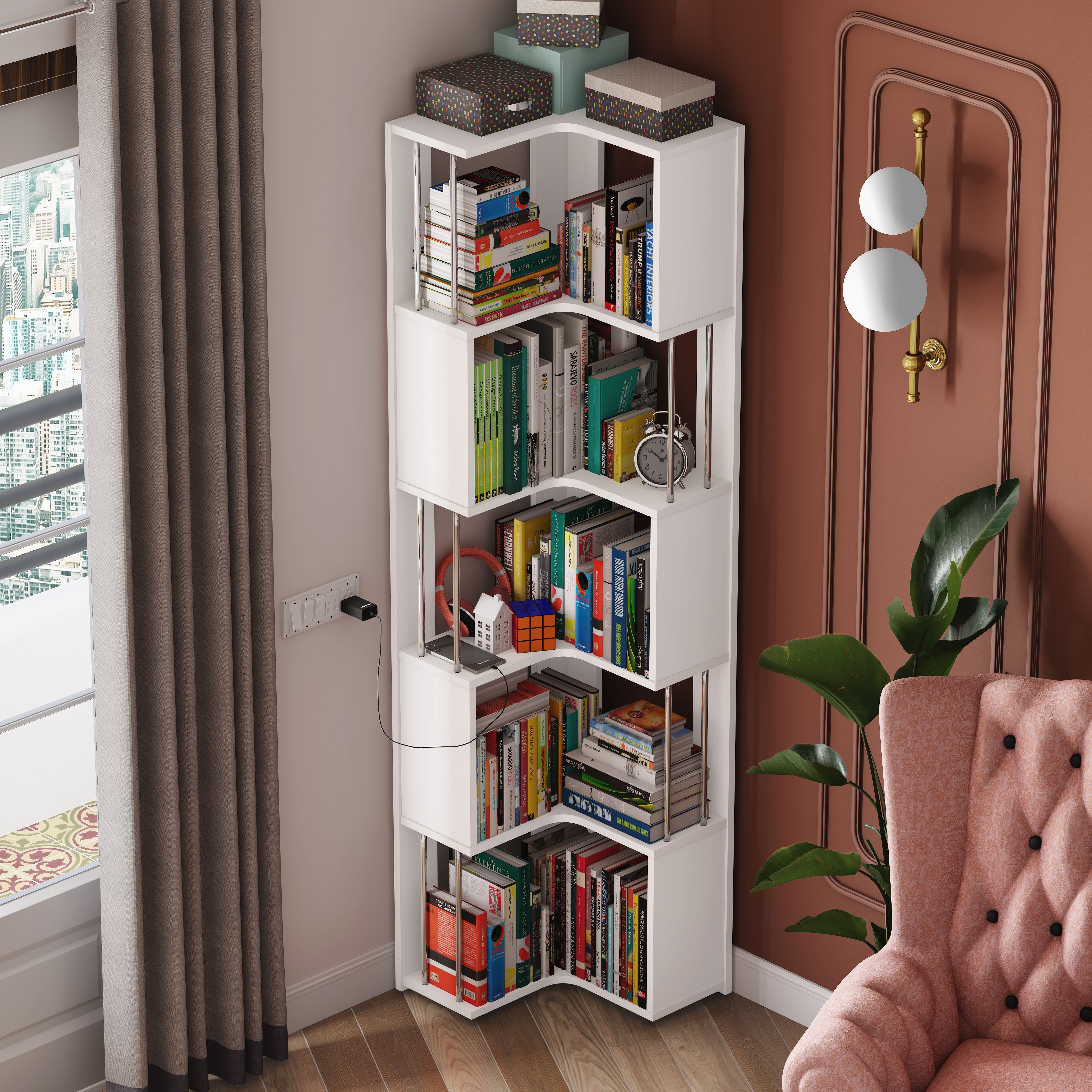 studio kook Vista Corner Bookshelf Engineered Wood Open Book Shelf-picture-11