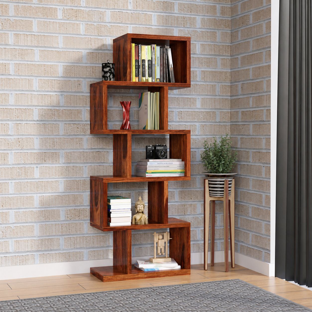 shree jeen mata enterprises Solid Sheesham Wood Zig-Zag Book Shelf for Home & Office Display Storage Solid Wood Open Book Shelf-picture-1