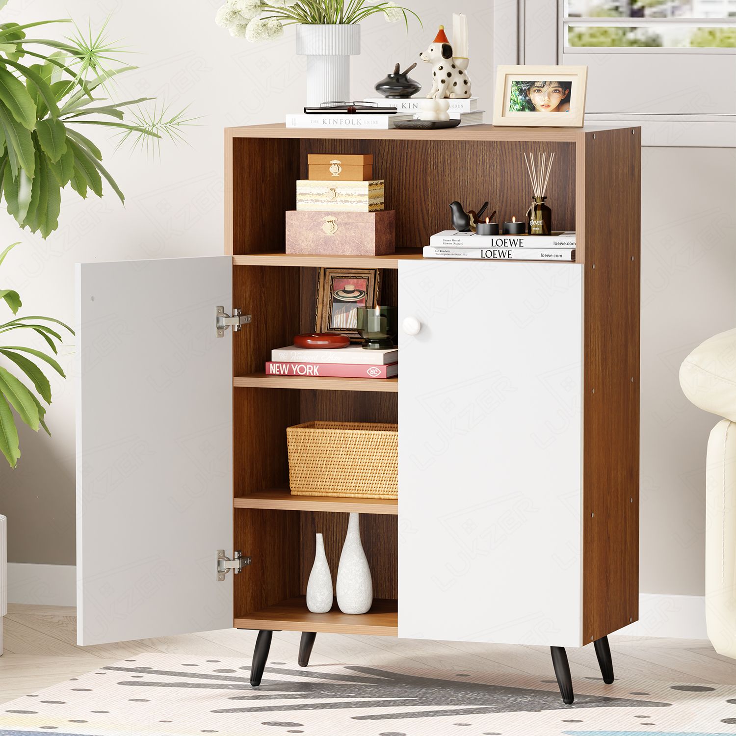lukzer Wooden Book Shelf & Storage Cabinet with White Doors (MR-034) Engineered Wood Semi-Open Book Shelf-picture-19