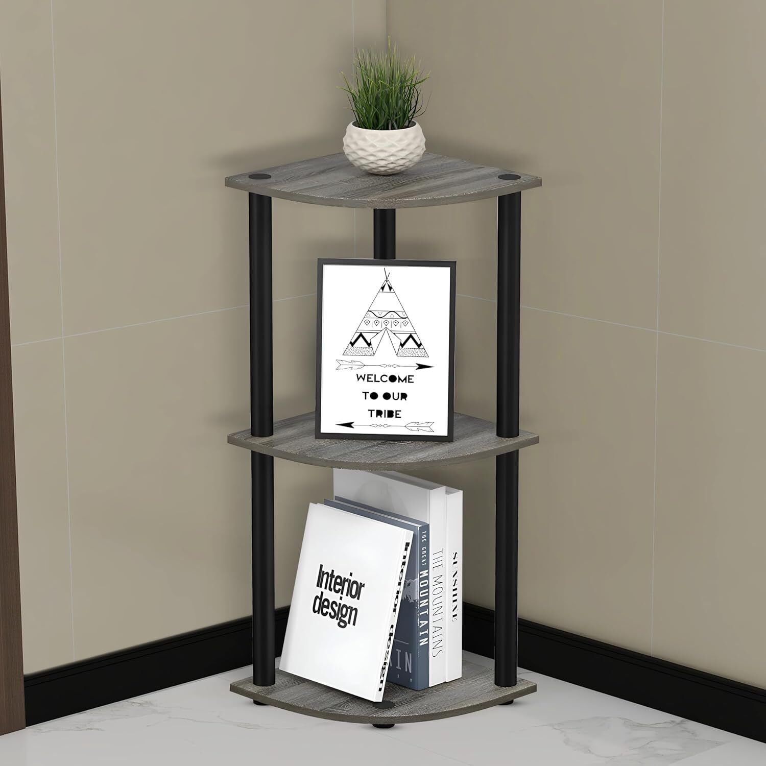 plantex Wooden 3 Tier Corner Shelf/Corner Book Shelf/Corner Storage Rack Engineered Wood Open Book Shelf-picture-35