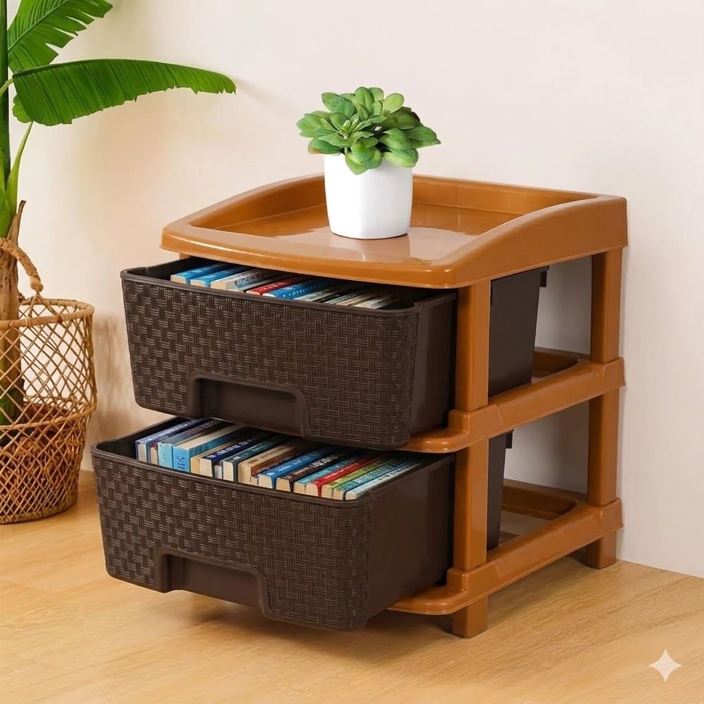sumoware Multipurpose Storage Rack with Drawers | Brown & Beige Plastic Semi-Open Book Shelf-picture-17