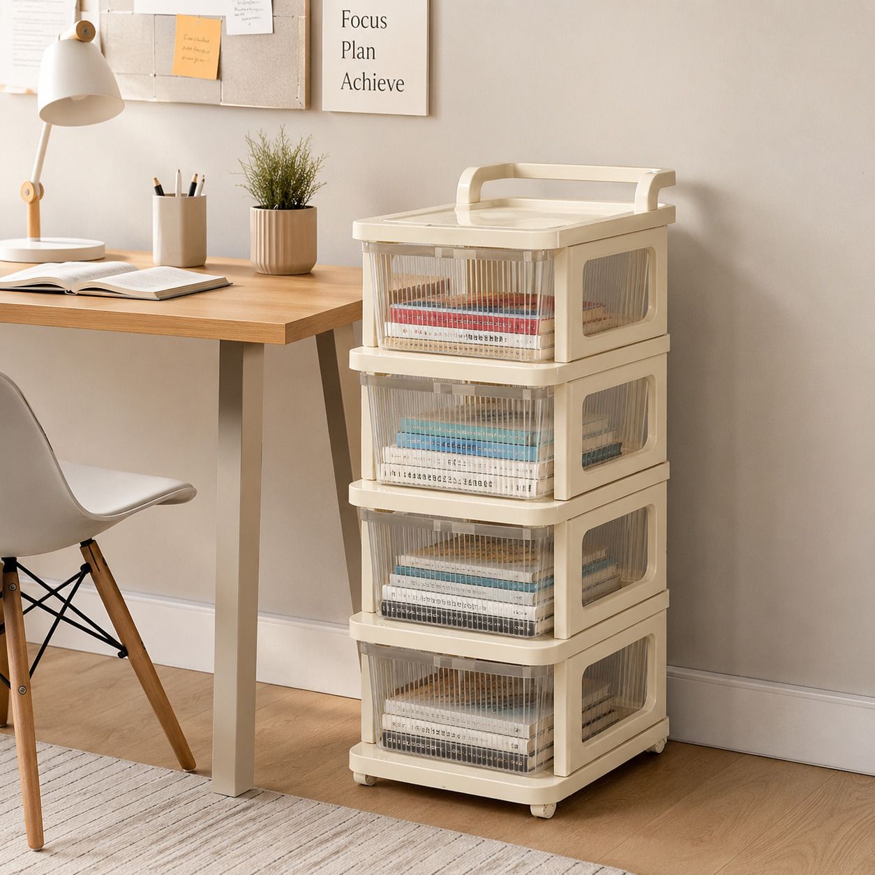 4 LAYER Foldable Transparent Plastic Book Shelf Storage Cabinet Plastic Semi-Open Book Shelf-image-39