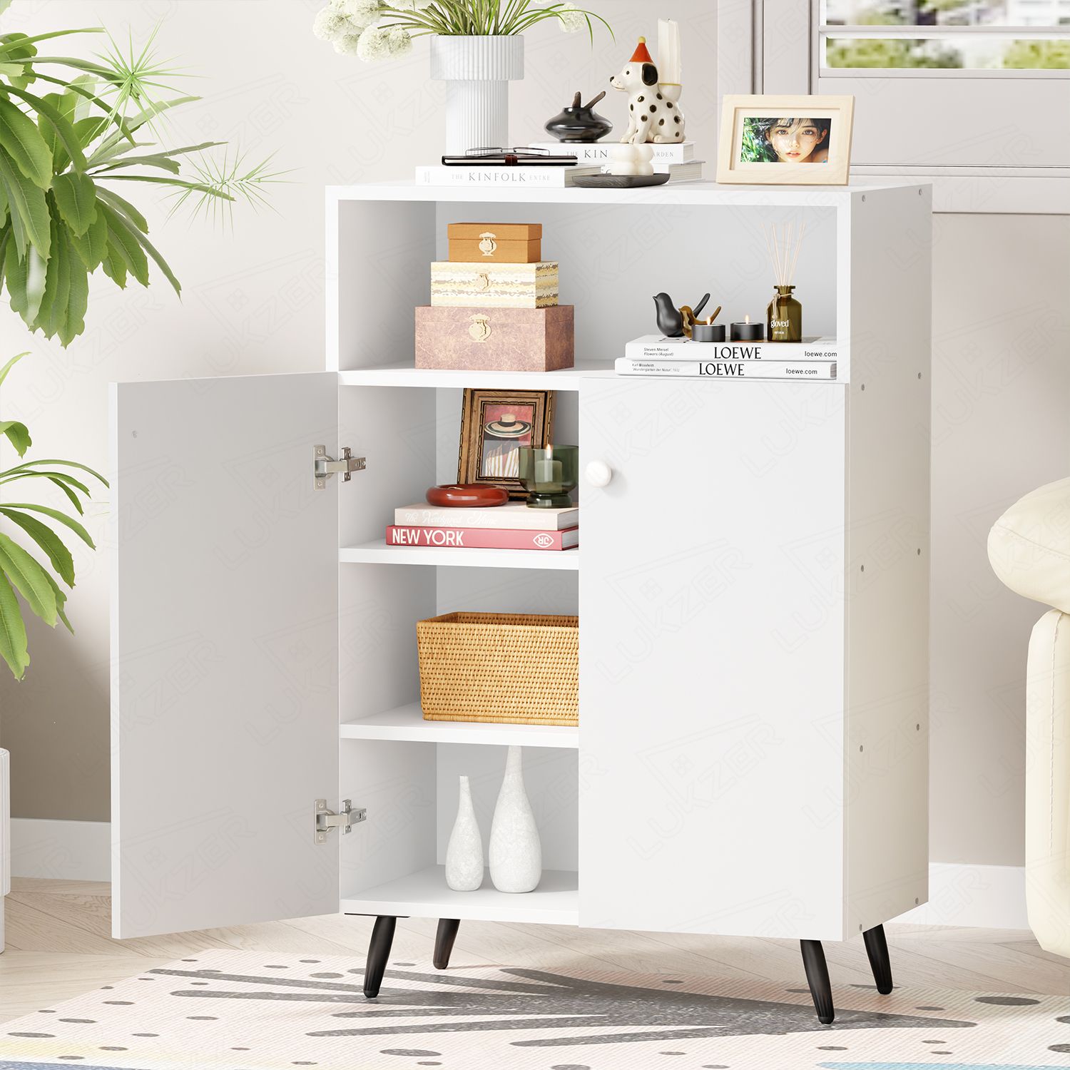 lukzer Wooden Book Shelf & Storage Cabinet with White Doors (MR-034) Engineered Wood Semi-Open Book Shelf-picture-12