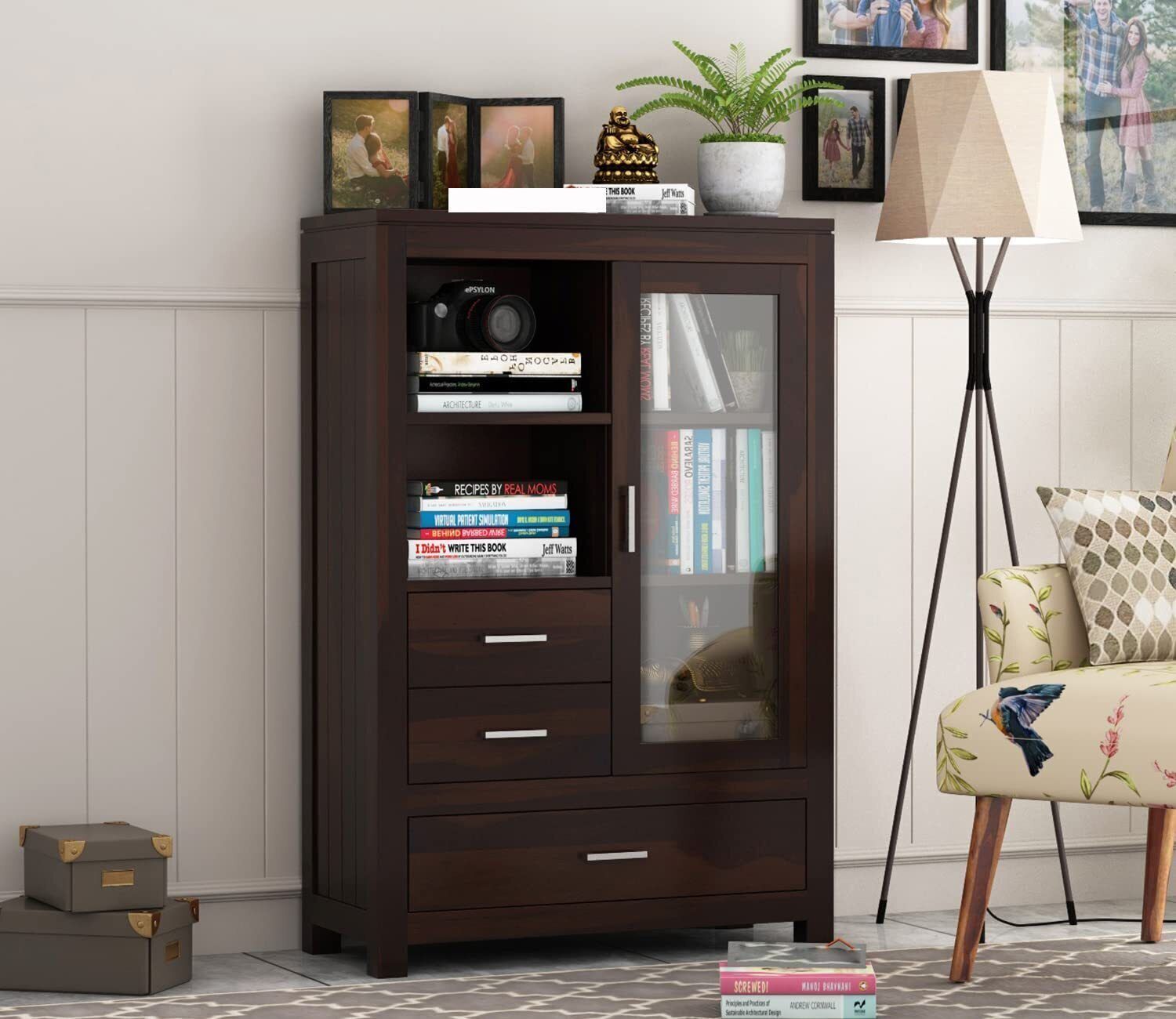 woodtrend Solid Wood Cabinet With 1 Glass Door & 3 Drawers Storage For Living Room Solid Wood Open Book Shelf-picture-13