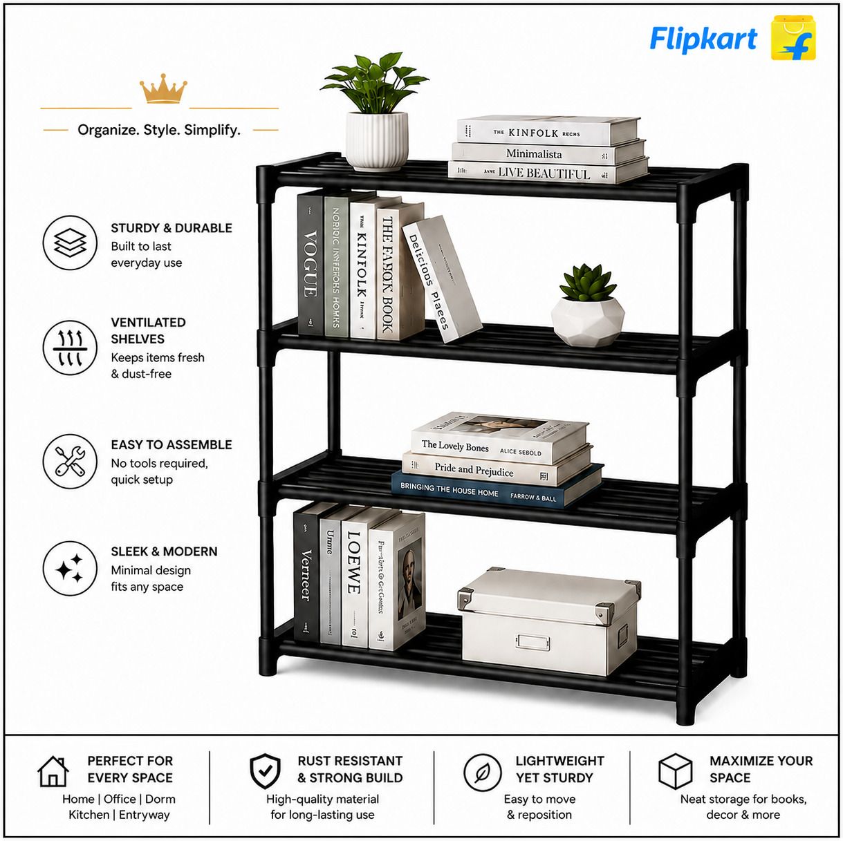 Bookshelf Rack 4 Tier Storage Organizer for Study Room Home Office Plastic Open Book Shelf-image-13