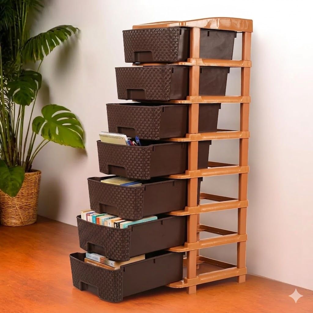 sumoware Multipurpose Storage Rack with Drawers | Brown & Beige Plastic Semi-Open Book Shelf-picture-12