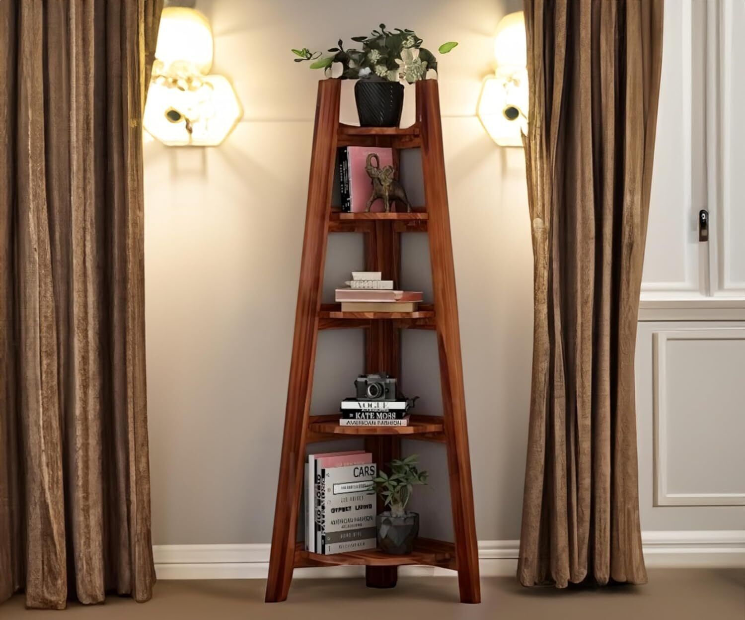shyam handicraft Solid Wood Corner 5 Rack Open Ladder Shelf For Books/Decoration for Home/Office Solid Wood Open Book Shelf-picture-12