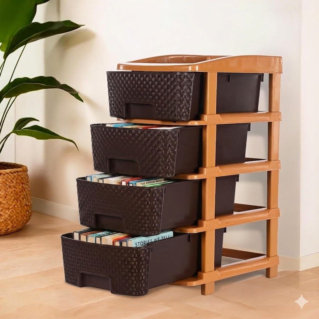 sumoware Multipurpose Storage Rack with Drawers | Brown & Beige Plastic Semi-Open Book Shelf-picture-24