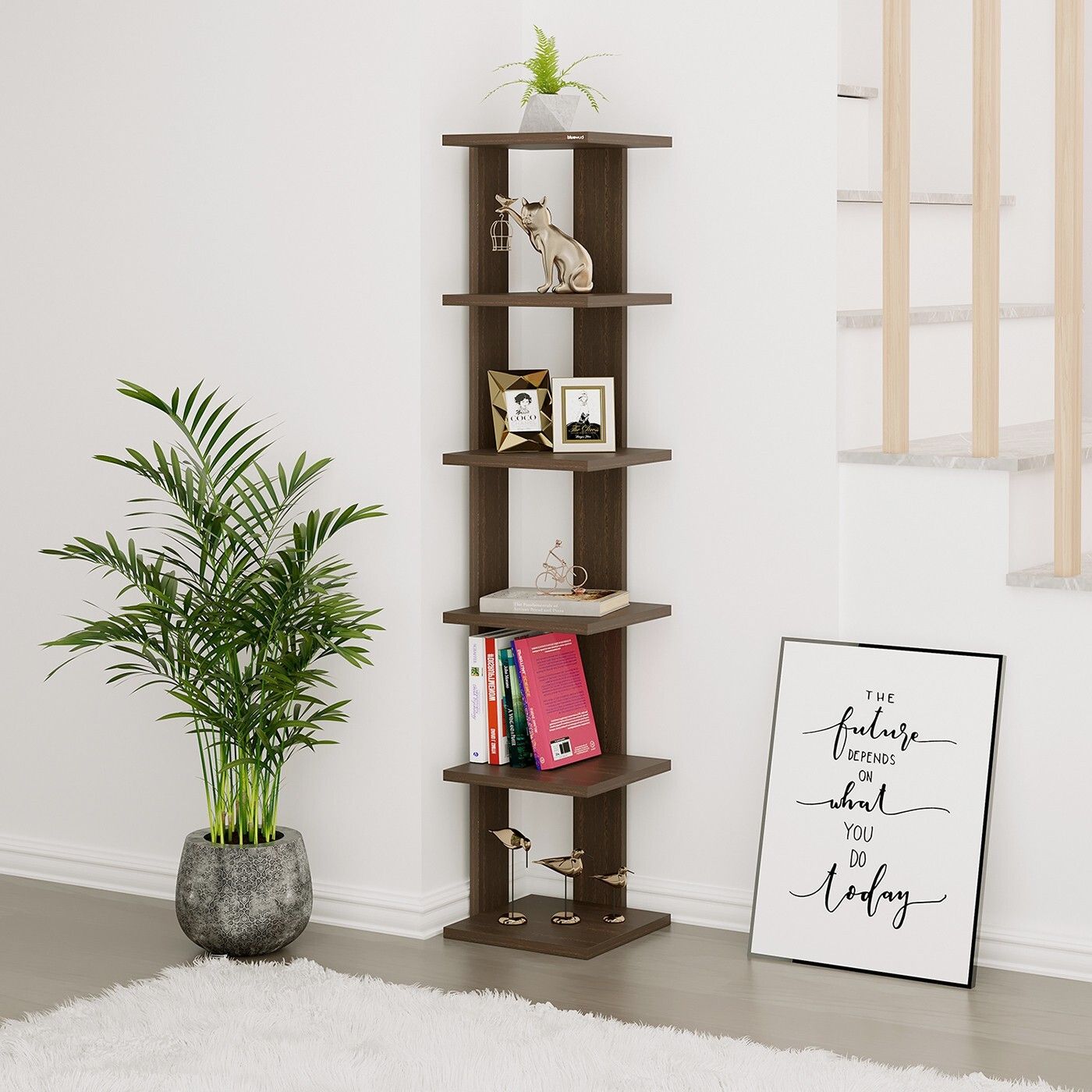 bluewud Braine 6 Square Multi-Tier Wall Shelf Display Rack for Living Room Engineered Wood Semi-Open Book Shelf-picture-10