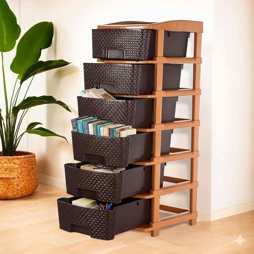 sumoware Multipurpose Storage Rack with Drawers | Brown & Beige Plastic Semi-Open Book Shelf-picture-26
