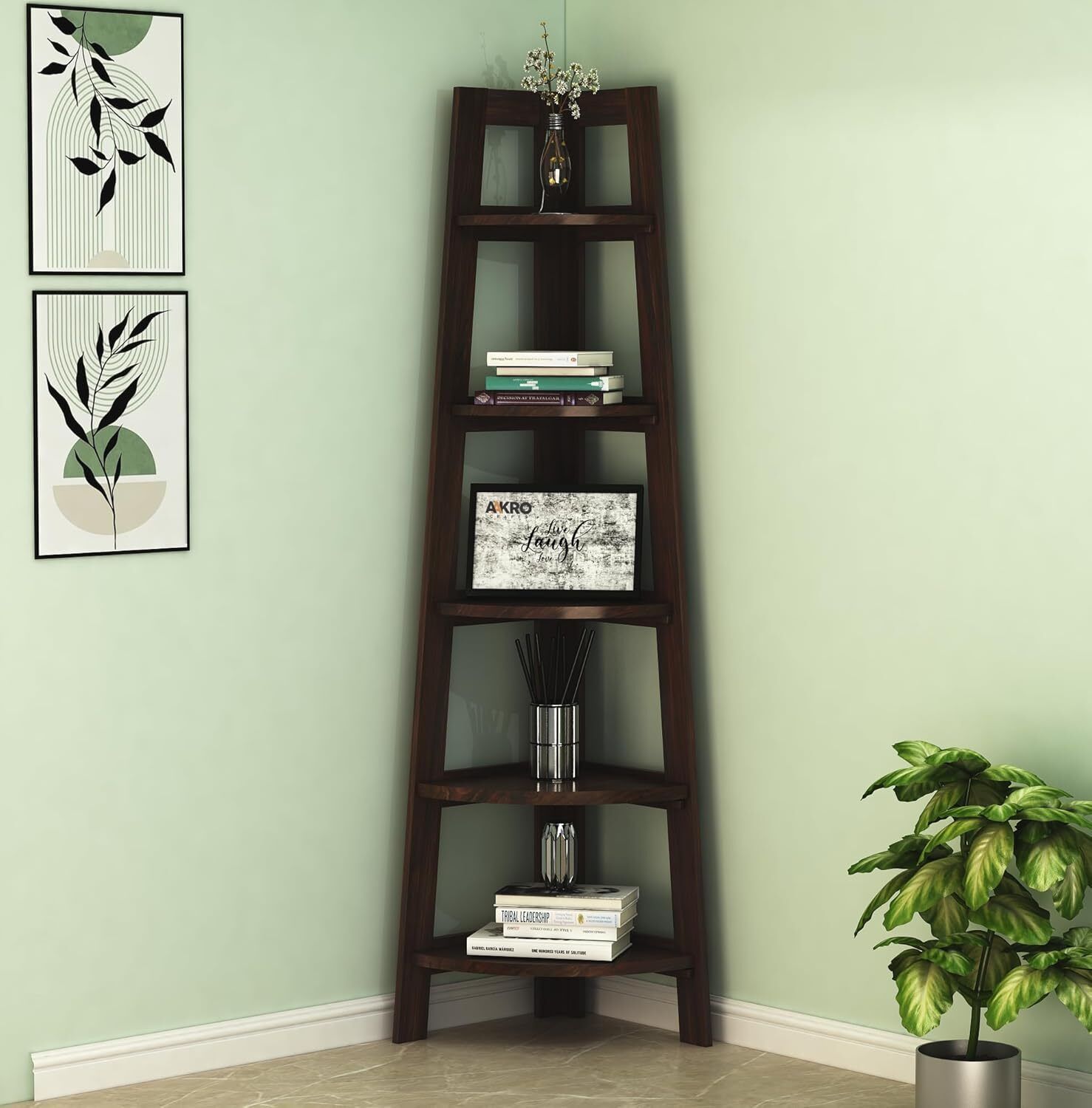 aakrocrafts Sheesham Wood Corner Shelf for Living Room Bedroom Home/5 Tier Corner Bookshelf Solid Wood Open Book Shelf-picture-27
