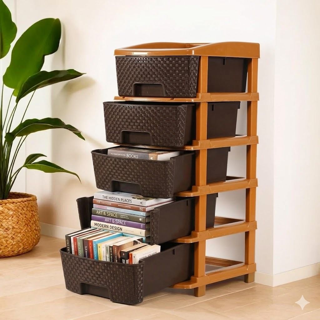 sumoware Multipurpose Storage Rack with Drawers | Brown & Beige Plastic Semi-Open Book Shelf-picture-13