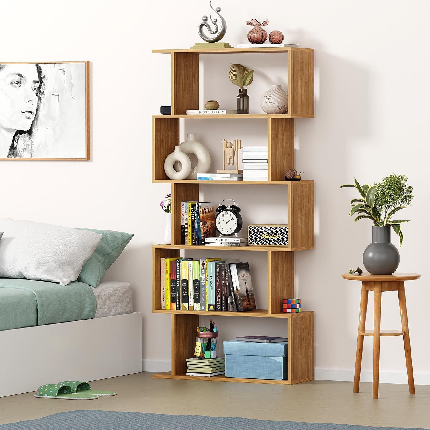 forktail MR-002 Light Oak 5-Layer Ladder Bookshelf Engineered Wood Open Book Shelf-picture-22