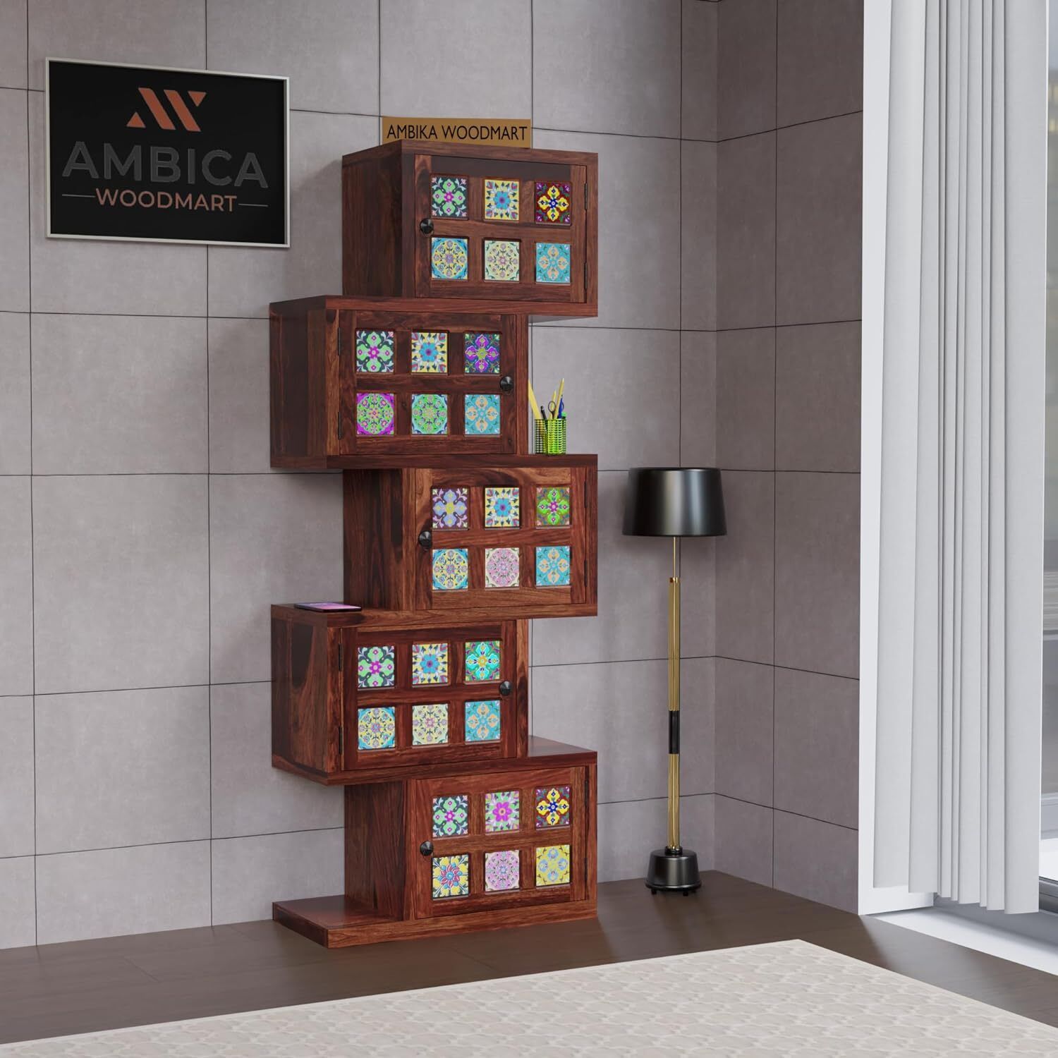 Sheesham Wood Zig Zag Book Shelf | Wooden Book Rack | 5 Shelf Book Shelves Solid Wood Close Book Shelf-image-34