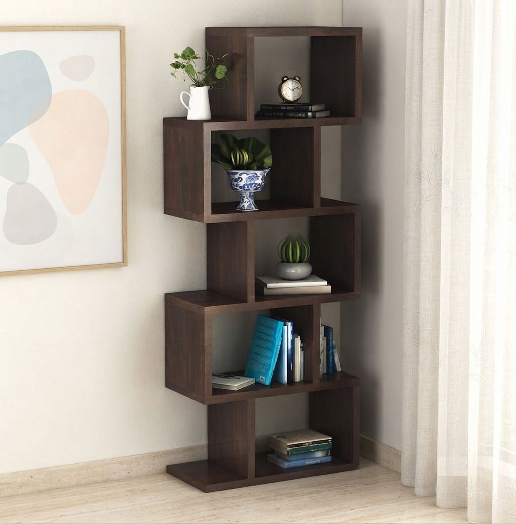 Solid Sheesham Wood Zig-Zag Book Shelf for Home & Office Display Storage Solid Wood Open Book Shelf-image-36