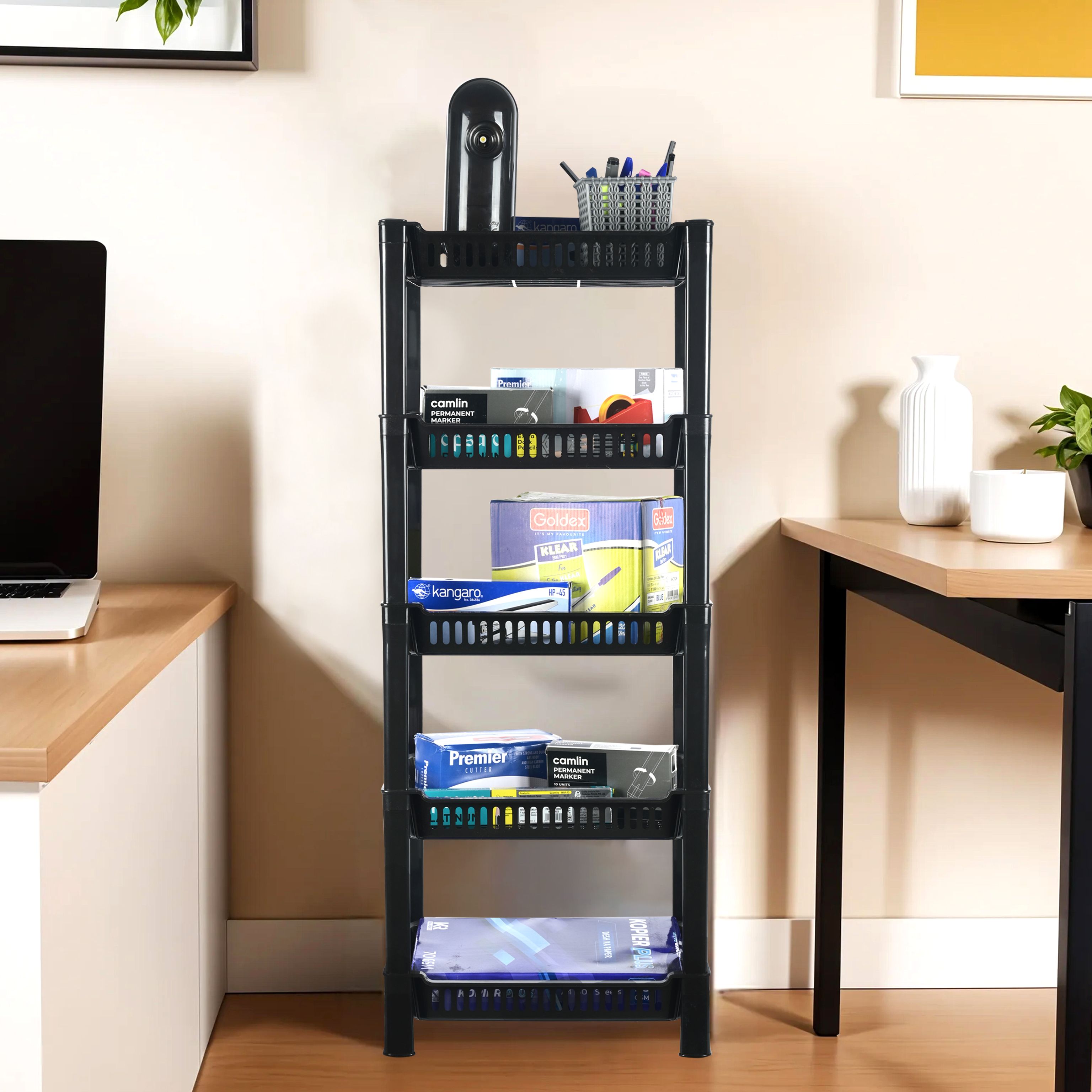 5-Tier Multipurpose Racks For Storage | Kids Toy Organizer | Black Plastic Open Book Shelf