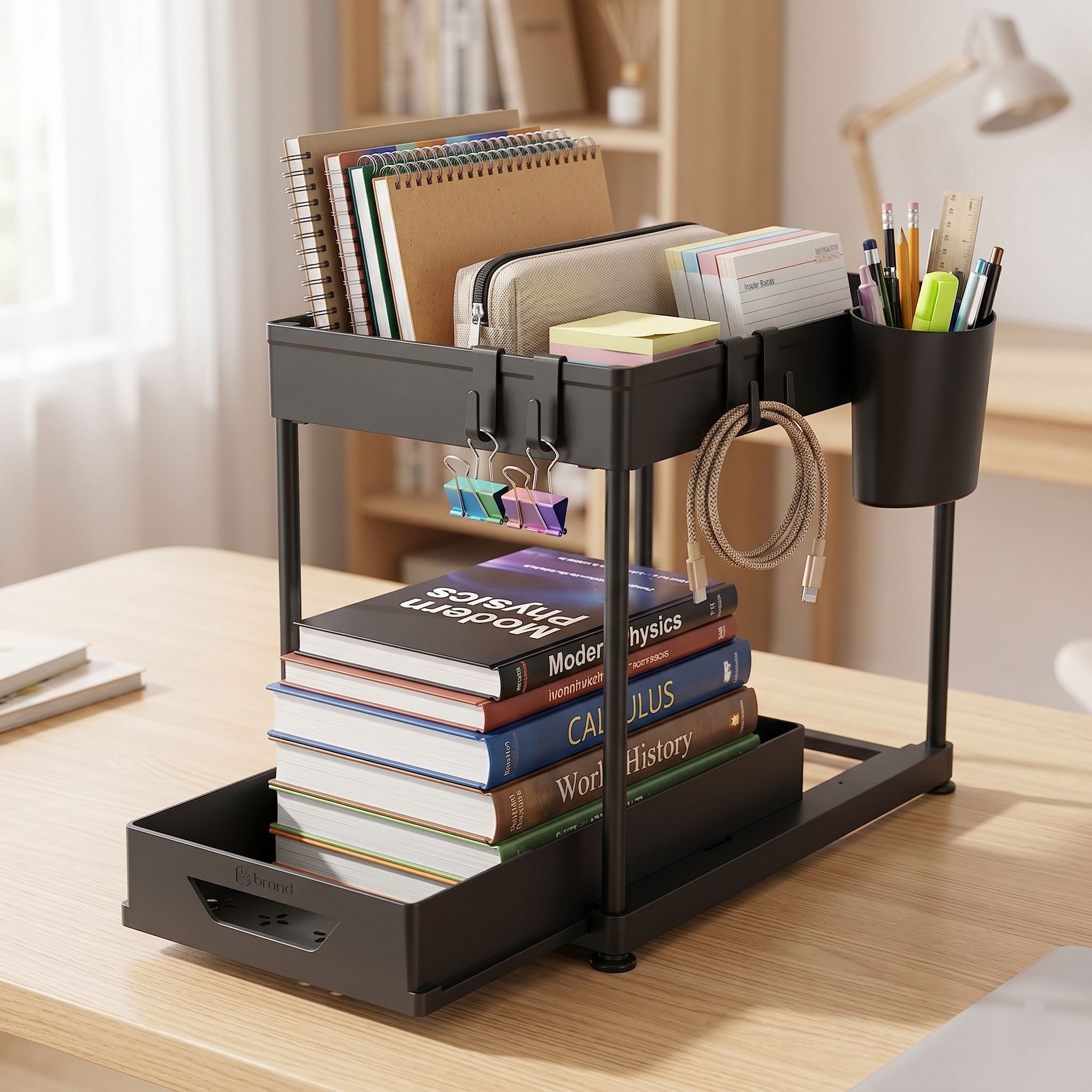 2 Tier Desktop Book Shelf Organizer with Sliding Drawer & Pen Holder Plastic Semi-Open Book Shelf-image-7
