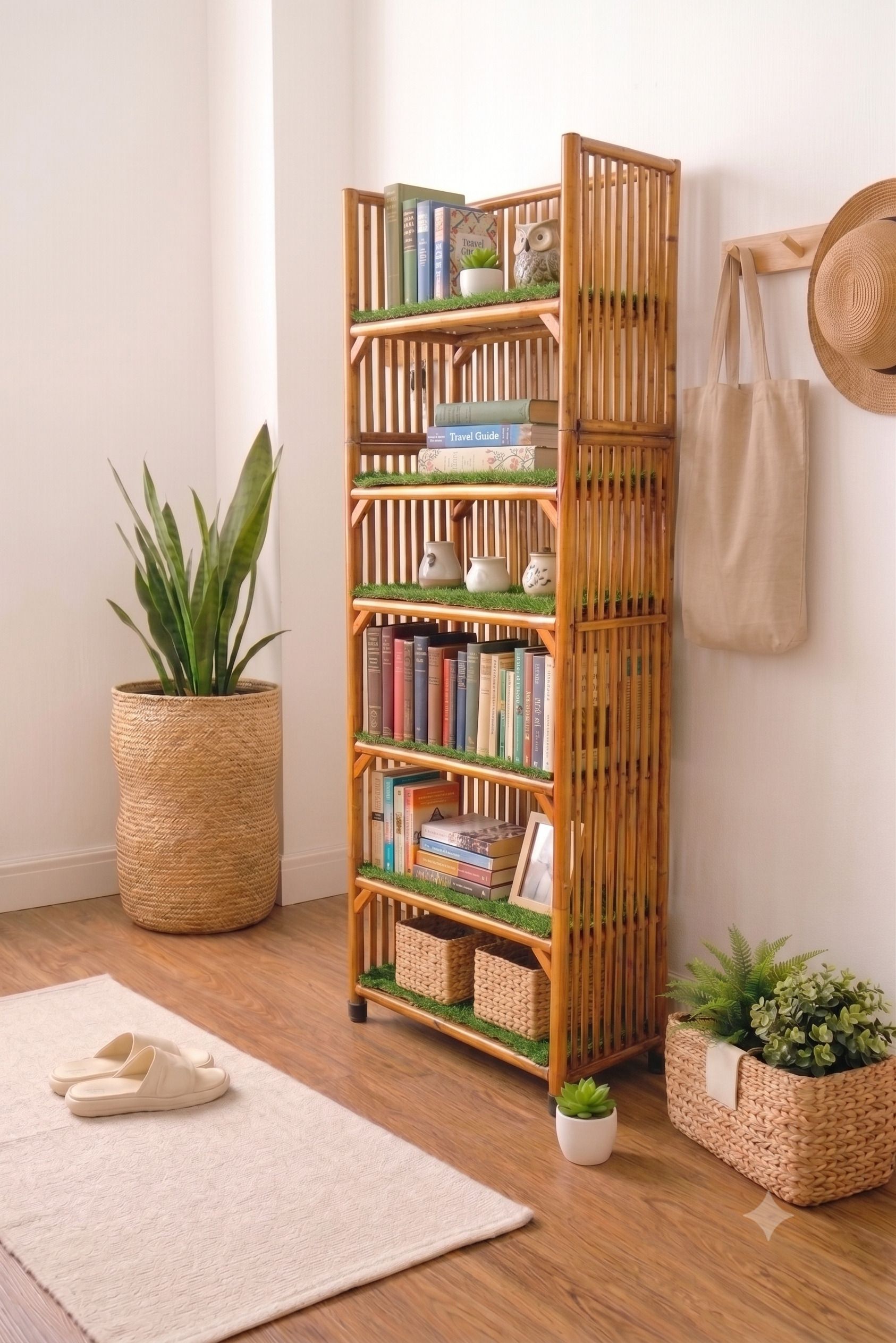 evra Wood, Bamboo,Cane Grass Book shelf chappal stand for office,multipurpose use Cane Semi-Open Book Shelf-picture-0