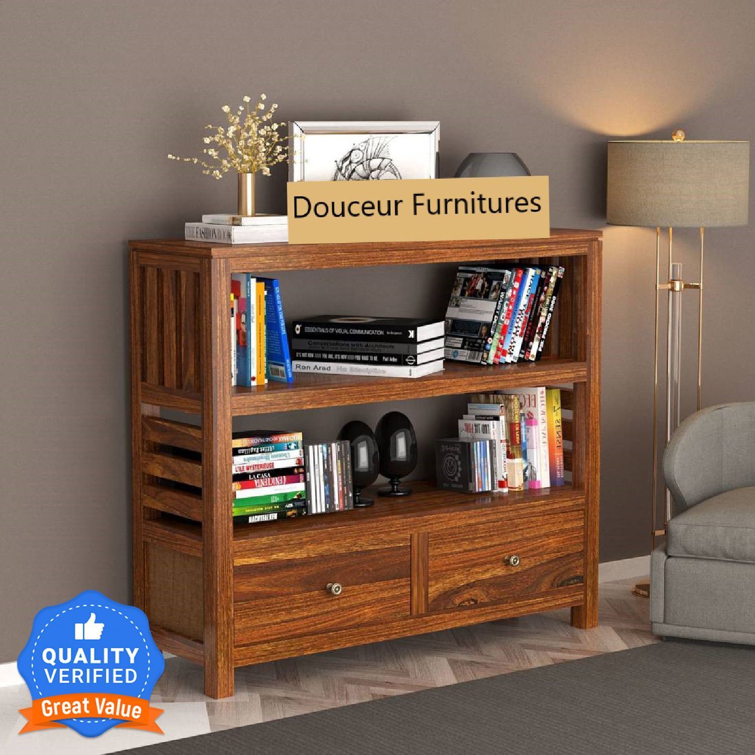 Sheesham Wood Bookshelf With 2 Shelf, 2 Drawer Storage For Study Room, Office Solid Wood Semi-Open Book Shelf-image-46