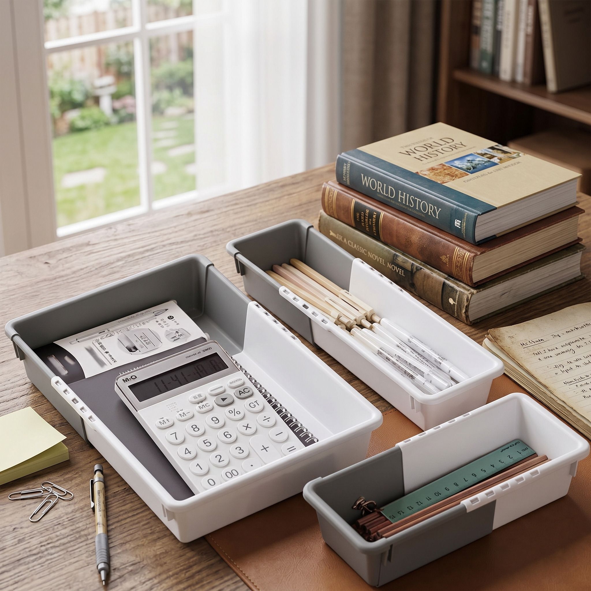 Adjustable Drawer Organizer Tray Set Expandable Desk & Kitchen Drawer Plastic Semi-Open Book Shelf-image-11