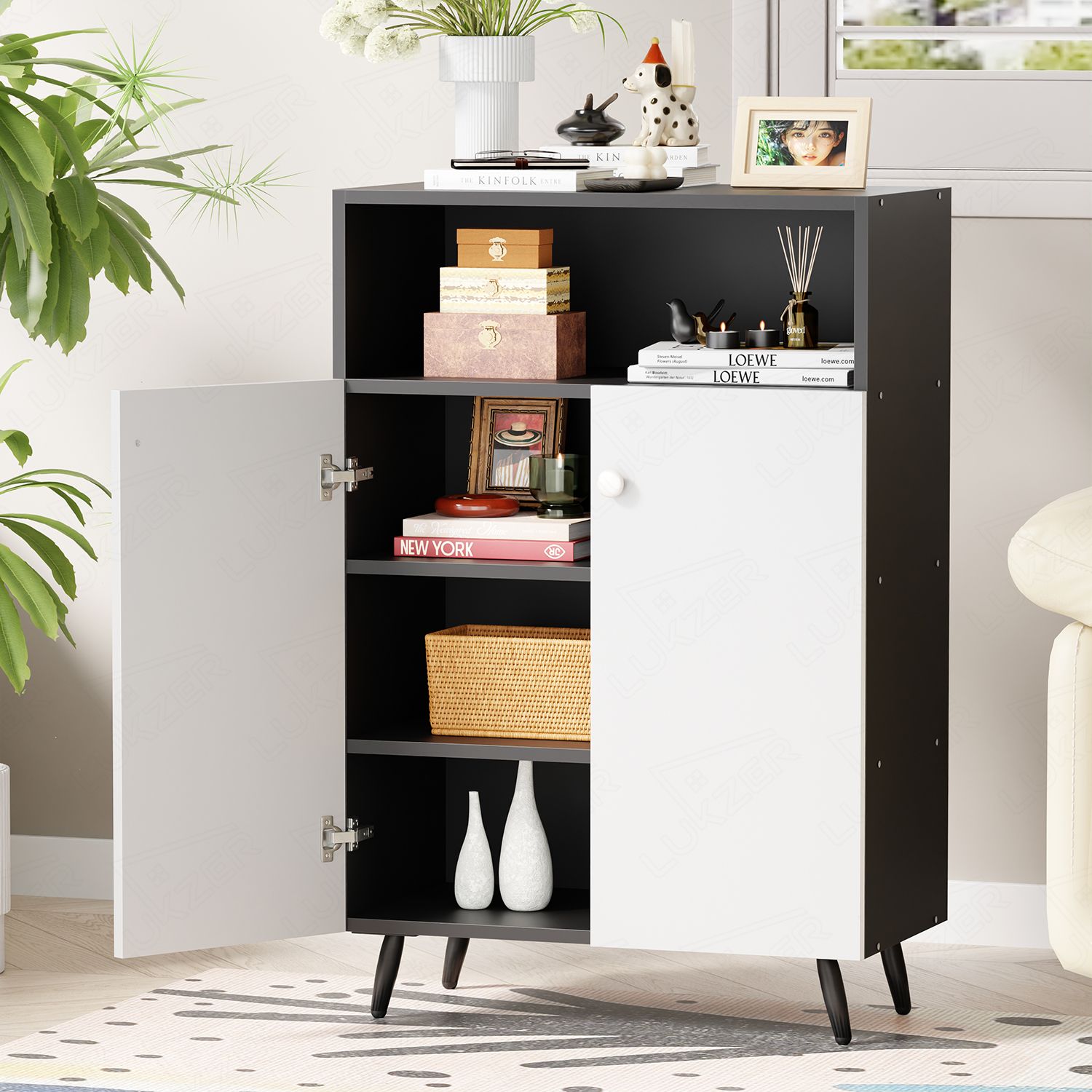 lukzer Wooden Book Shelf & Storage Cabinet with White Doors (MR-034) Engineered Wood Semi-Open Book Shelf-picture-45
