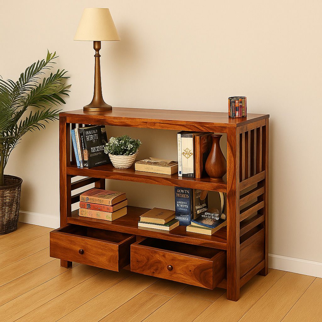 Solid Sheesham Wood Console Table with 2 Drawer and 2 Shelves | Multipurpose Solid Wood Open Book Shelf-image-1