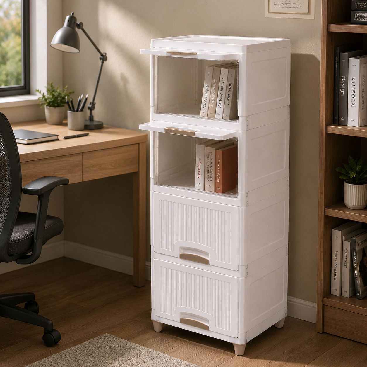 4 LAYER Foldable Plastic Book Shelf Storage Cabinet Plastic Semi-Open Book Shelf-image-11