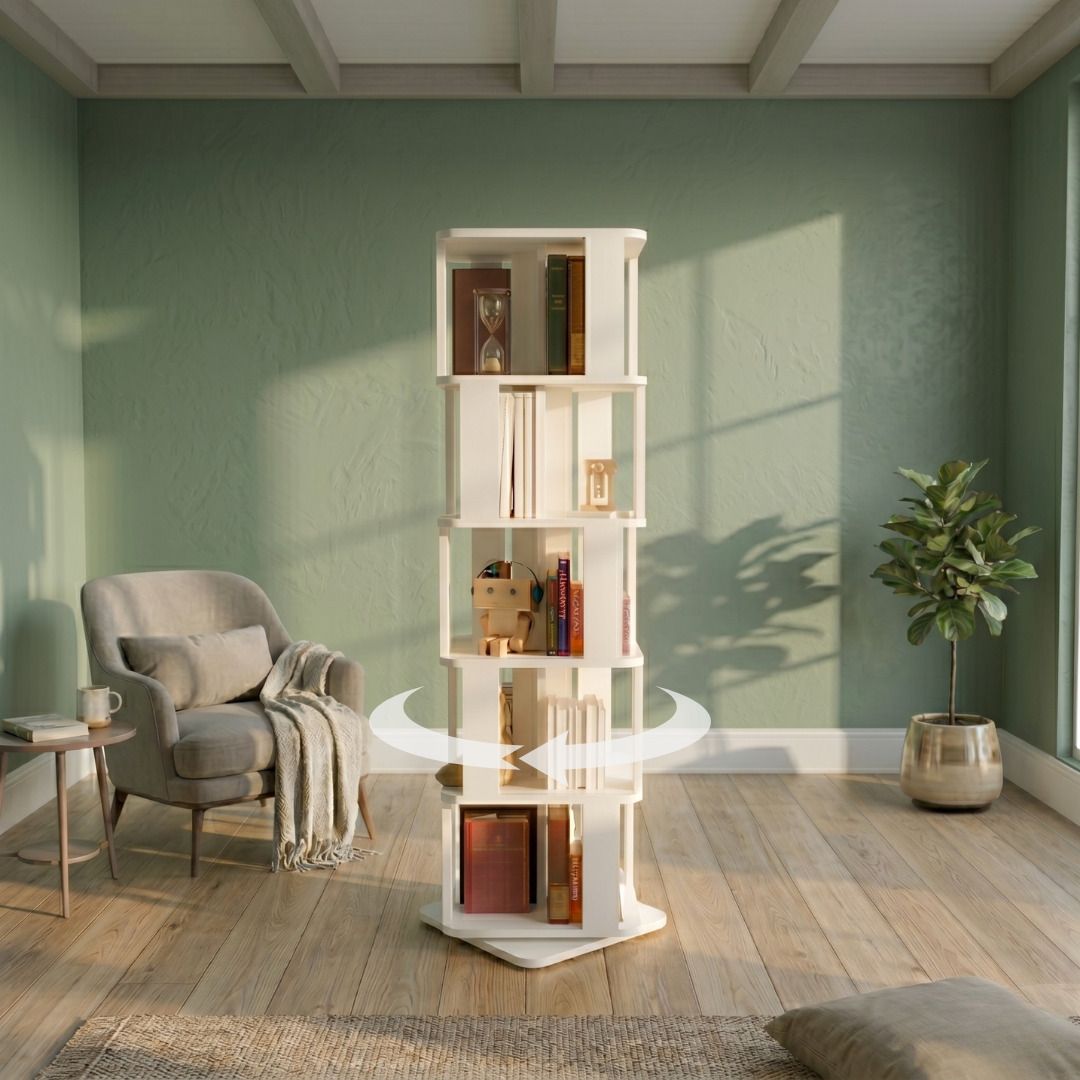 Omnishelf WHITE 5 Tier Revolving 59 x 15 x 15 inch 80 to 100 Books Engineered Wood Open Book Shelf-image-40