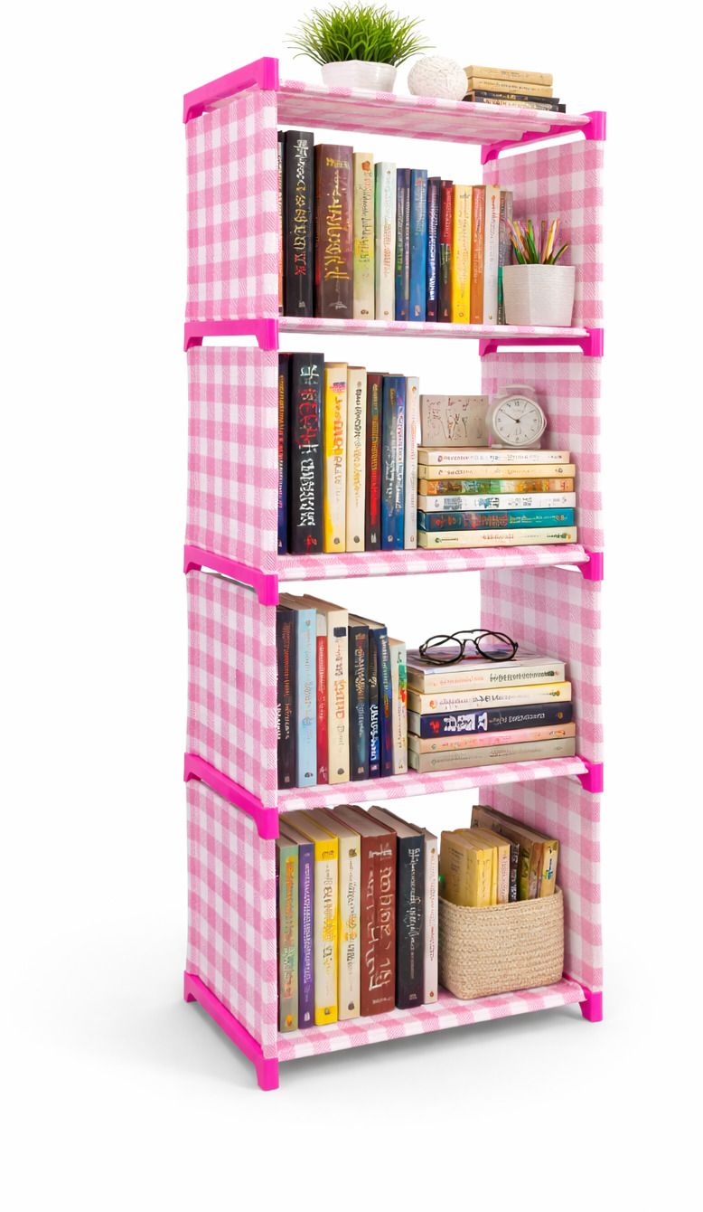 5 Layer pink Bookshelf with heavy fabric cover for book self for home Plastic Open Book Shelf-image-24