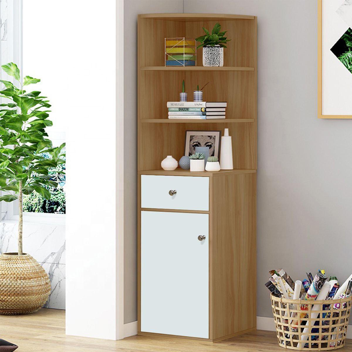 Woodit Corner Bookshelf Storage Cabinet Display Book Rack Shelf with Drawer Engineered Wood Semi-Open Book Shelf-image-1
