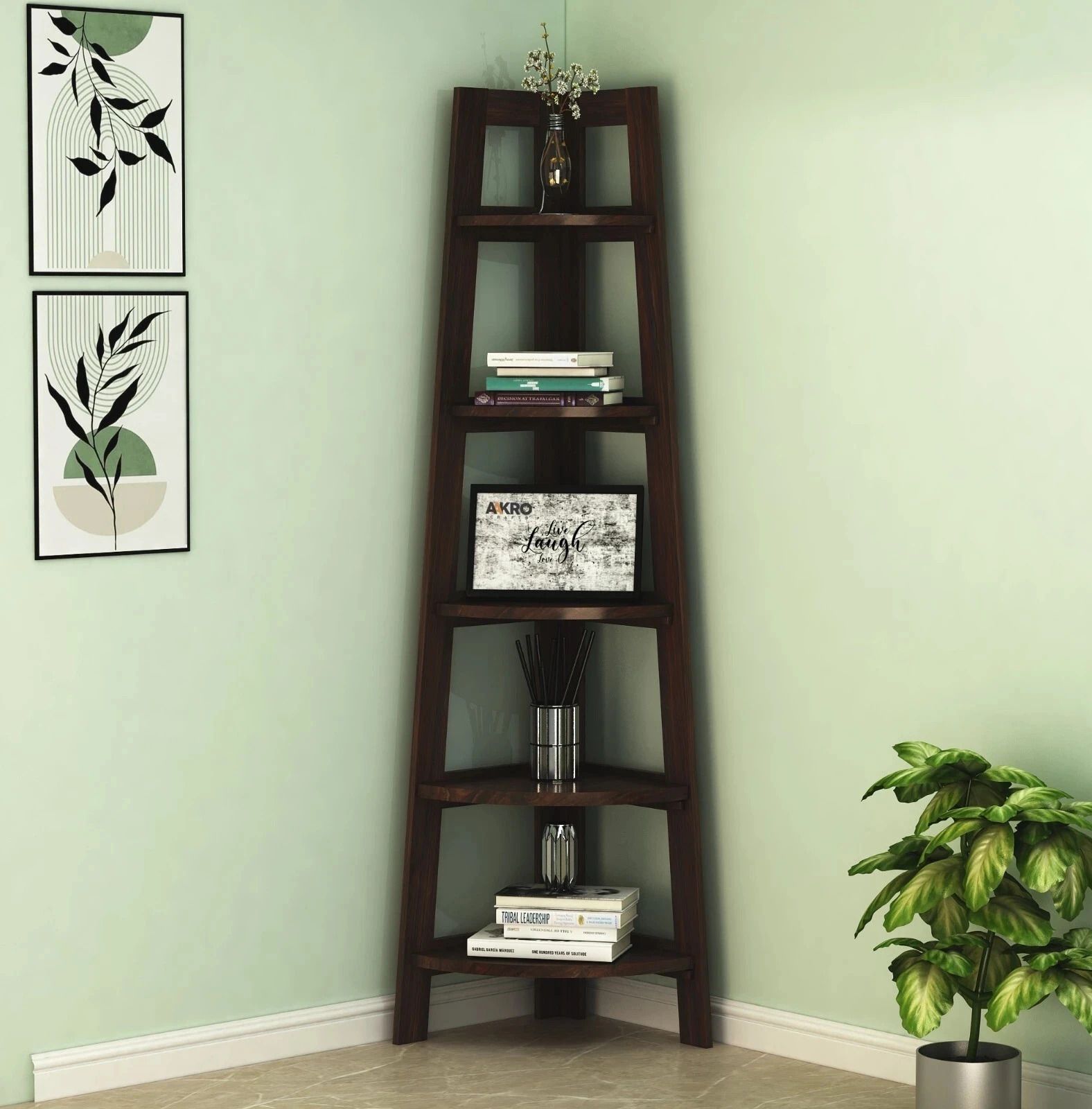 aakrocrafts Sheesham Wood Corner Shelf 5 Tier Corner Bookshelf Ladder Bookcase Display Unit Solid Wood Open Book Shelf-picture-20