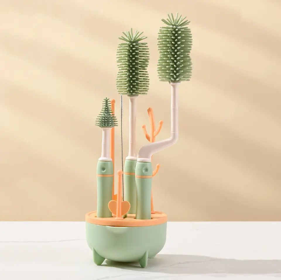 Silicone Bottle Brush Set with Stand for Baby Bottle Straw Cleaner Brush (Green)-image-25