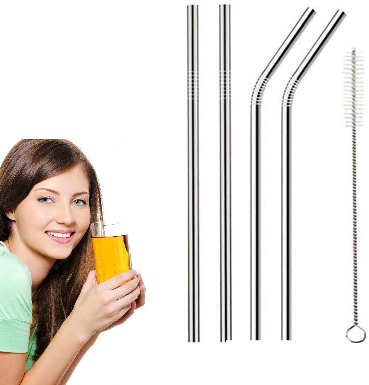 Stainless Steel Reusable Metal Straw, Set of 4(2 Straight+2 Bent)+Cleaning Brush