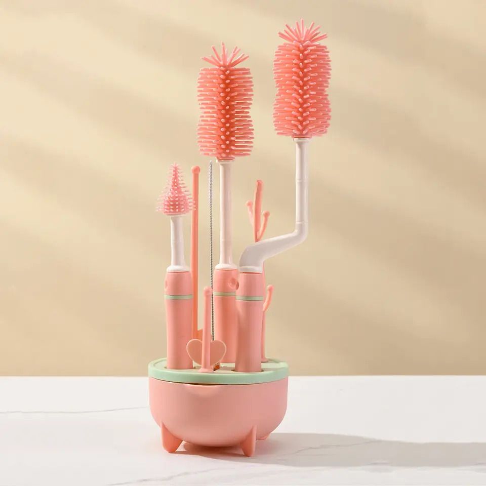 Silicone Bottle Brush Set with Stand for Baby Bottle Straw Cleaner Brush (Pink)-image-20