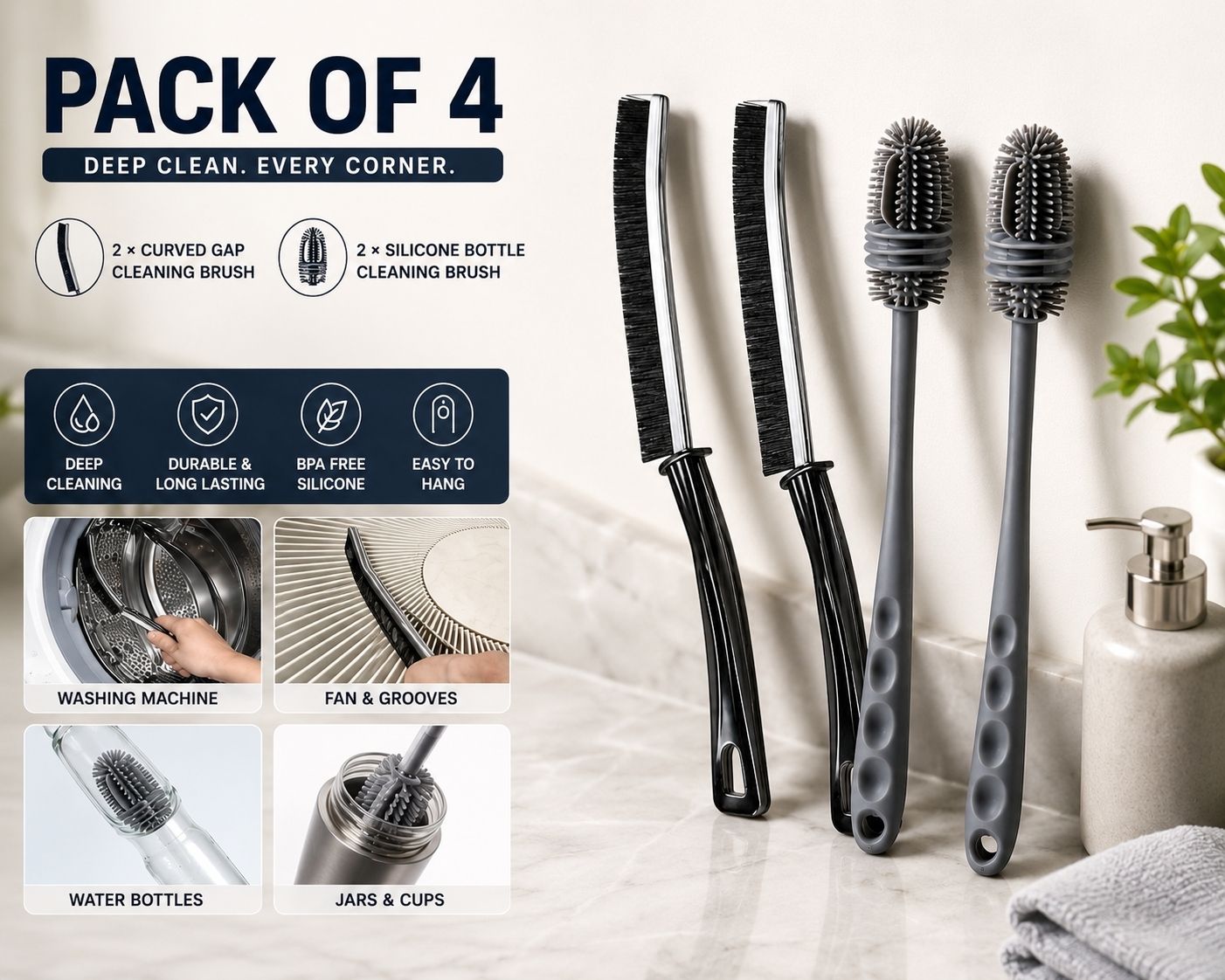 vaishnavi 2 in 1 Gap Cleaning brush, silicon long bottle brush pack of 4-picture-16