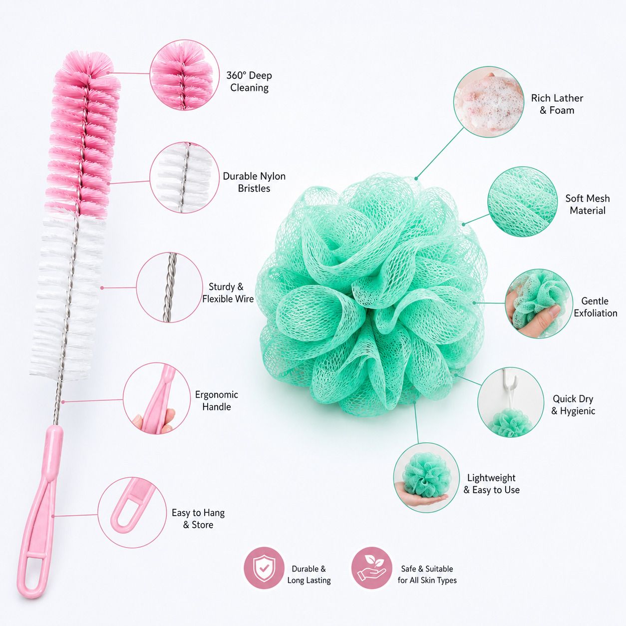 Bath Loofah + Bottle Cleaning Brush|Multipurpose Cleaning Accessories Combo Set-image-37