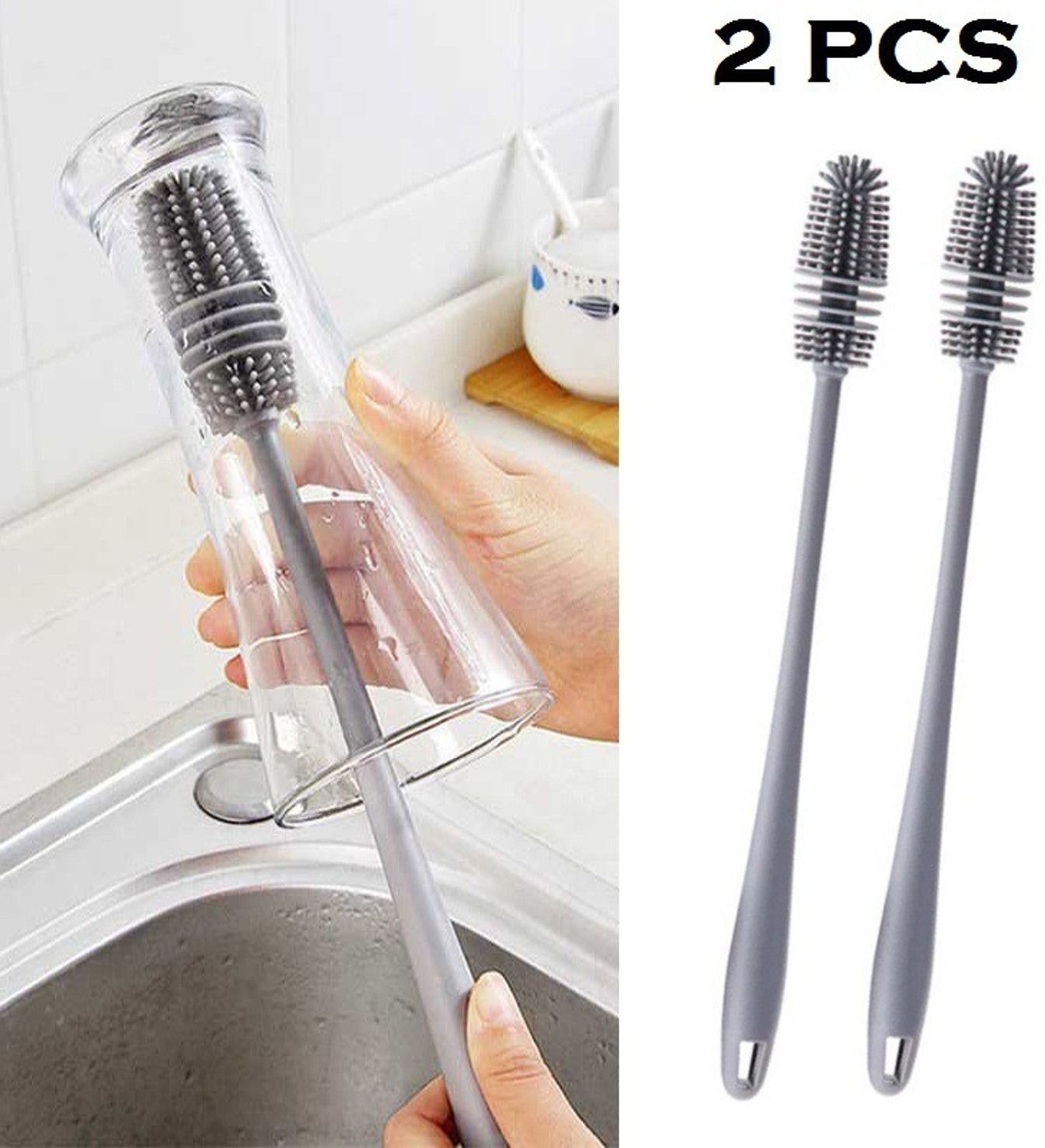 Combo Pack of 2 Flexible Silicone Bottle Cleaning Brush with Long Handle-image-35