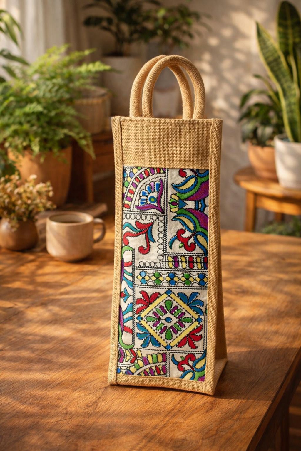 Handcrafted Jute Bottle Bag with Multicolor Folk Art Print-image-3