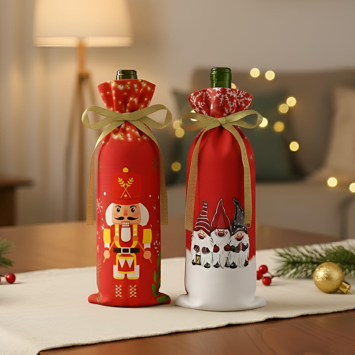 ascension Christmas Wine Bottle Covers Gifts Bags with Santa, Snowman, Gnome & Nutcracker-picture-7