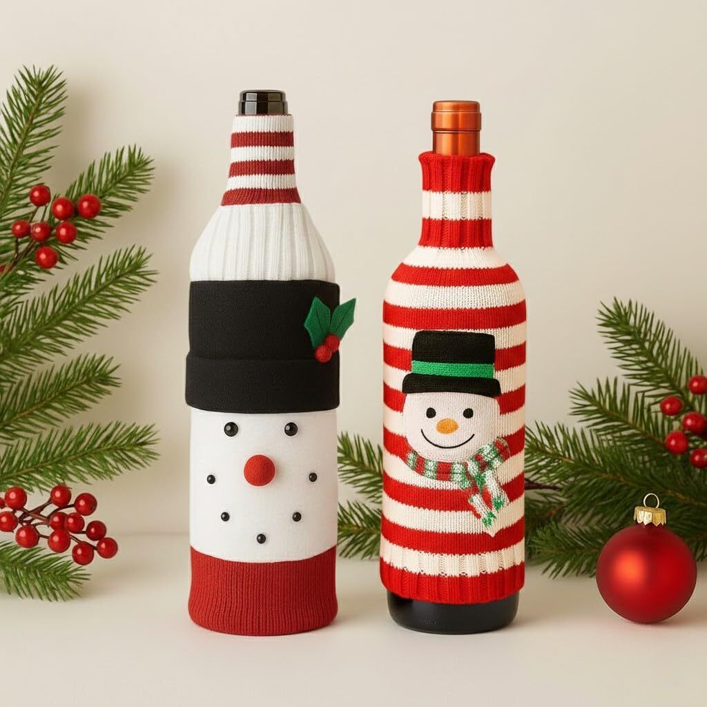 ascension Set of 2 Snowman Wine Bottle Sweater Cover – Holiday Table Décor-picture-4