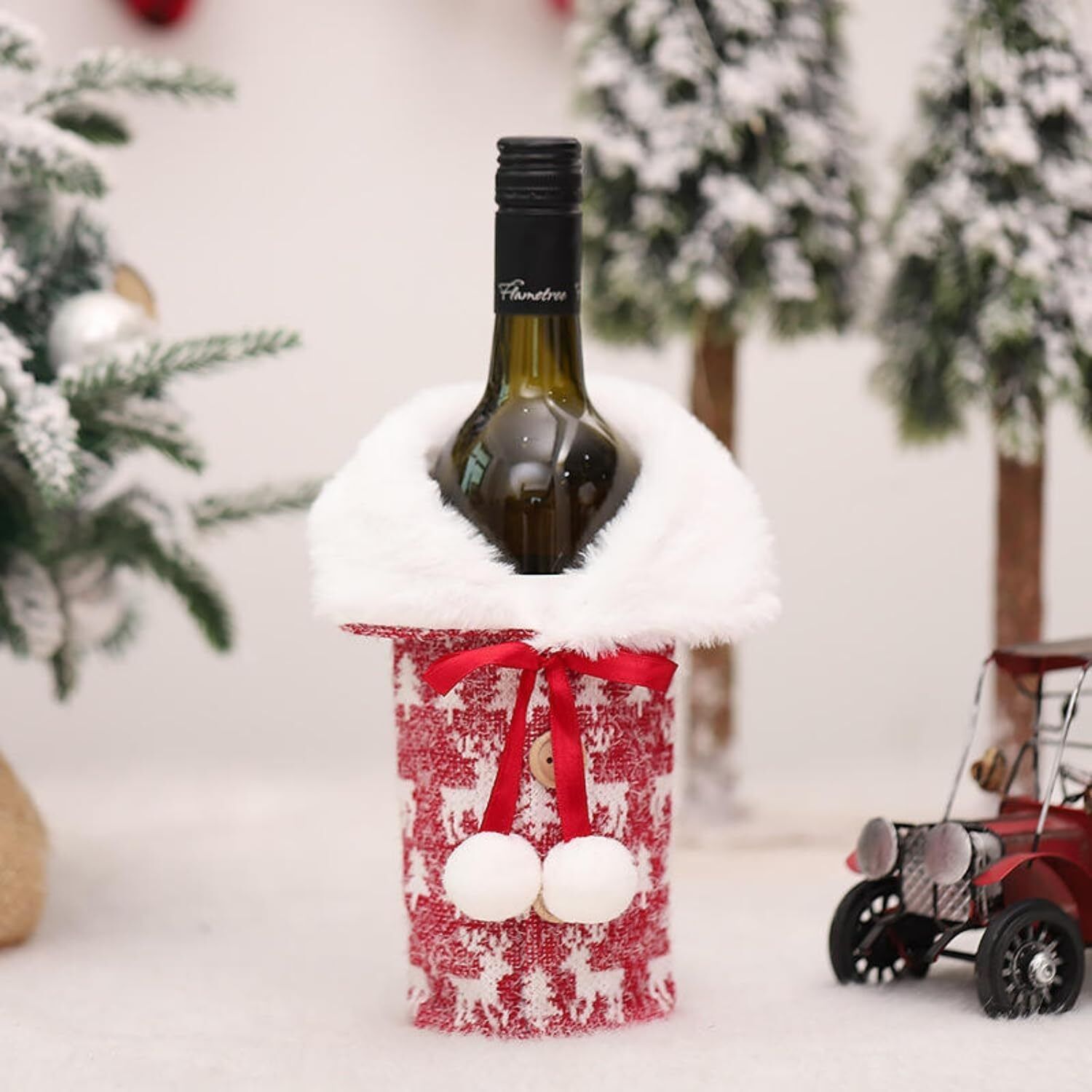 ascension Christmas Wine Bottle with Faux Fur Collar & Pom-Poms Xmas Wine Bottle Cover-picture-6