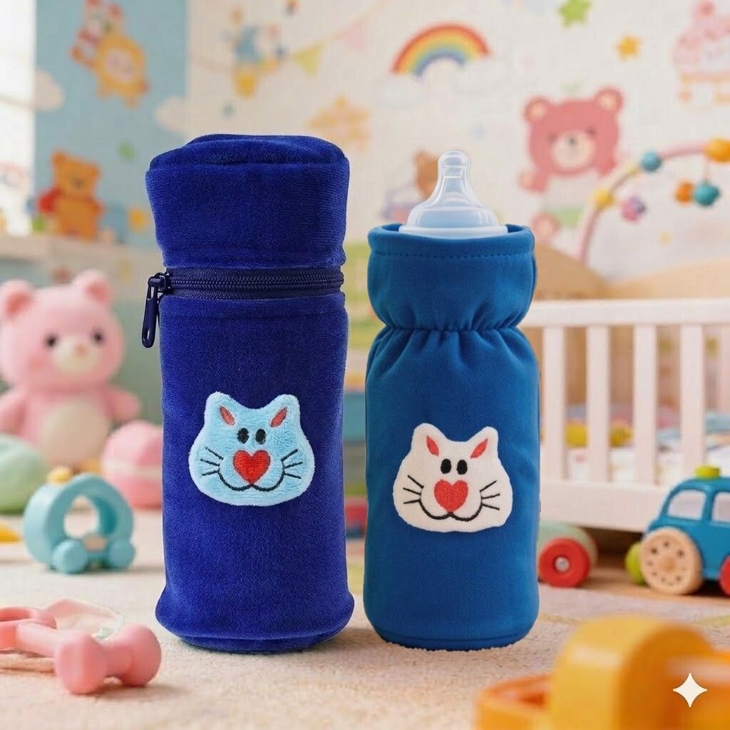 Baby Zip Elastic Feeding Bottle Cover Animal Soft Velvet Plush Stretchable Strap-image-1