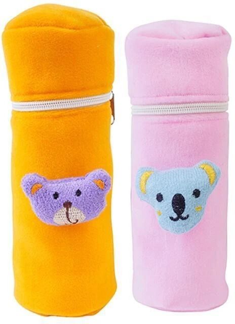 Soft Plush Stretchable Baby Feeding Bottle Cover Easy to Hold Strap and Zip | Suitable for 130 ML-250 ML Feeding Bottle Orange-Light Pink-image-1