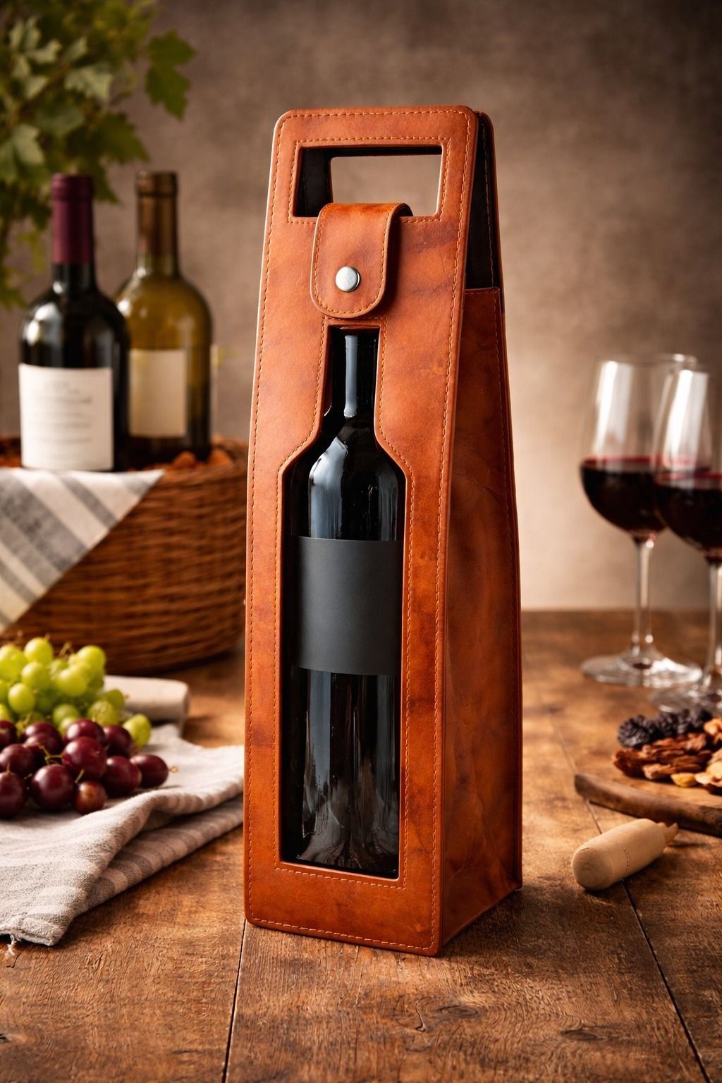 Stylish Brown Wine Bottle Carry Bag Leatherette Holder with Snap Lock Handle-image-32