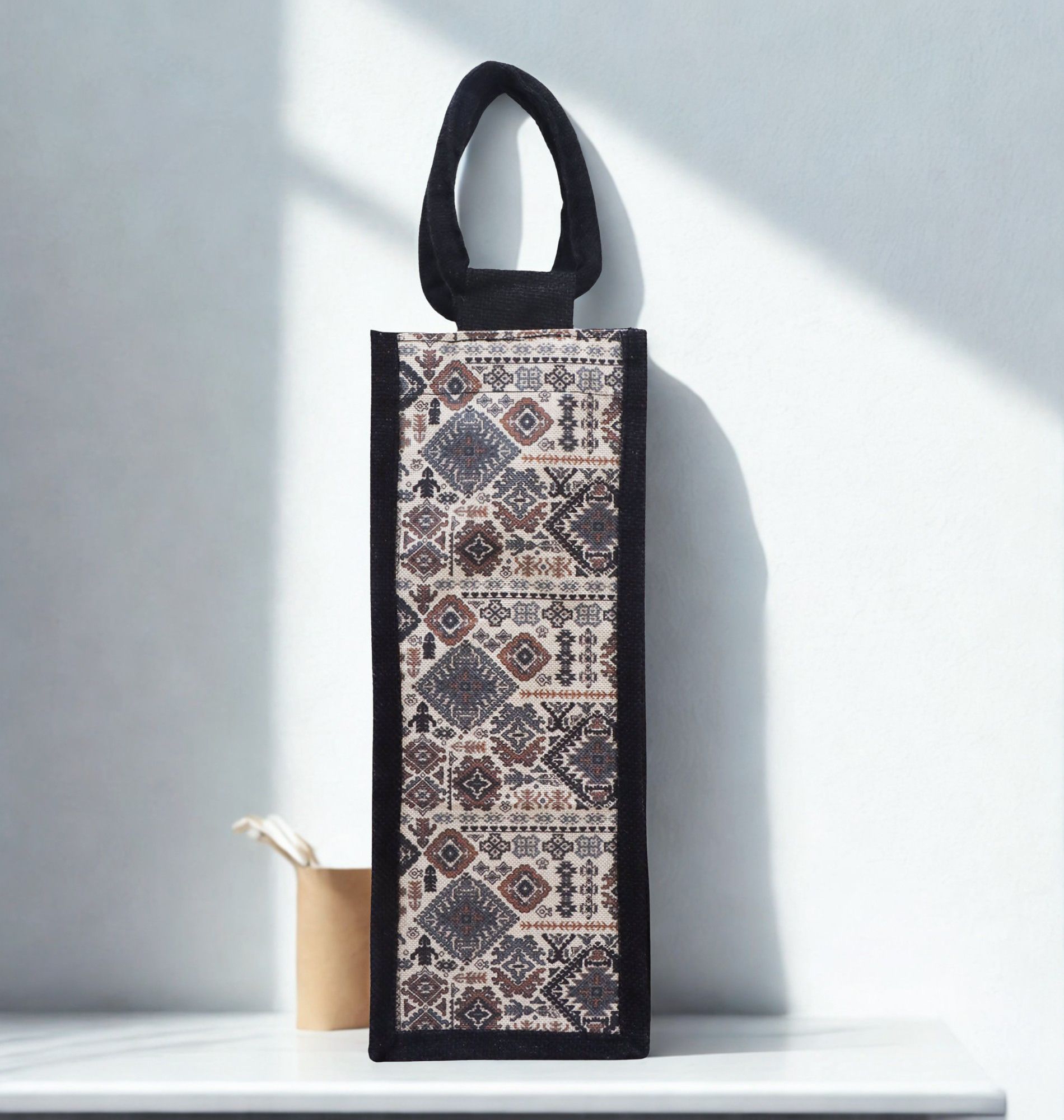 BLACK GEOMETRIC PATTEREND JUTE BOTTLE BAG-image-29